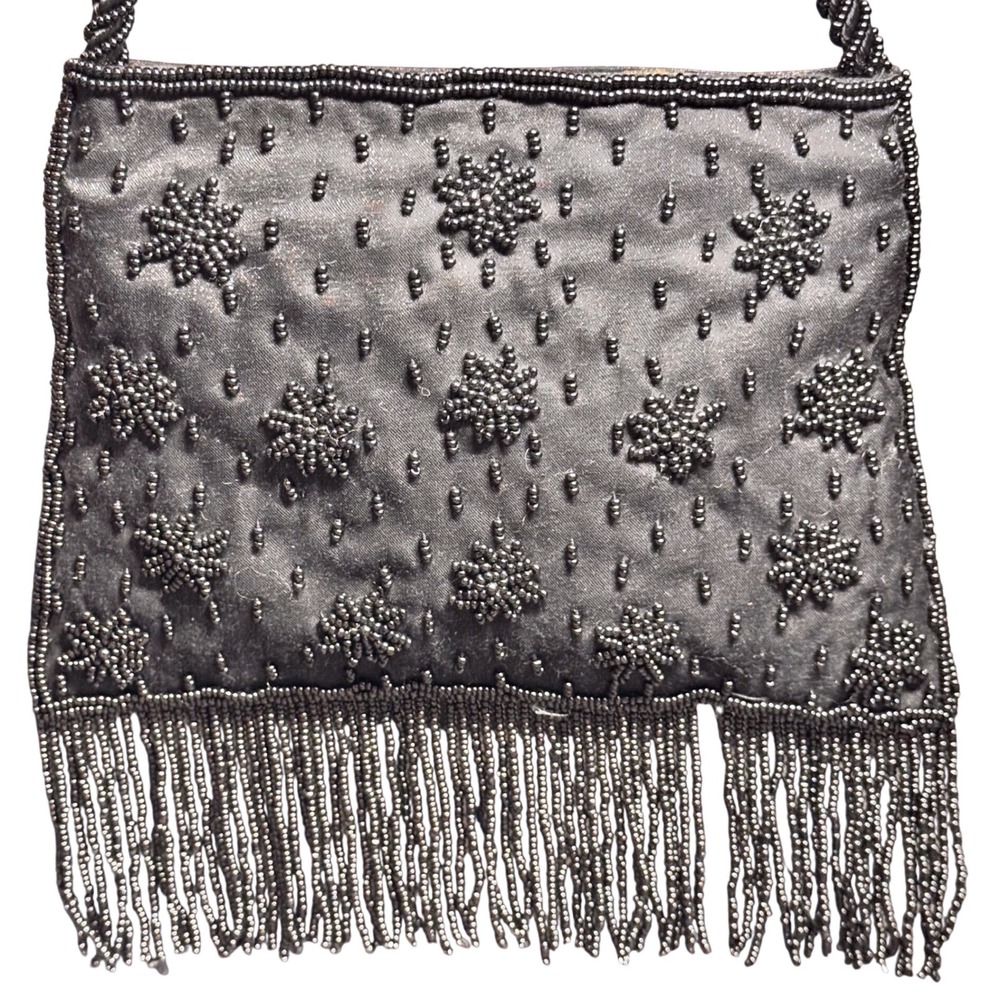 90s Vtg Sasha New‎ York Black Beaded Fringe Crossbody Evening Bag Handbeaded